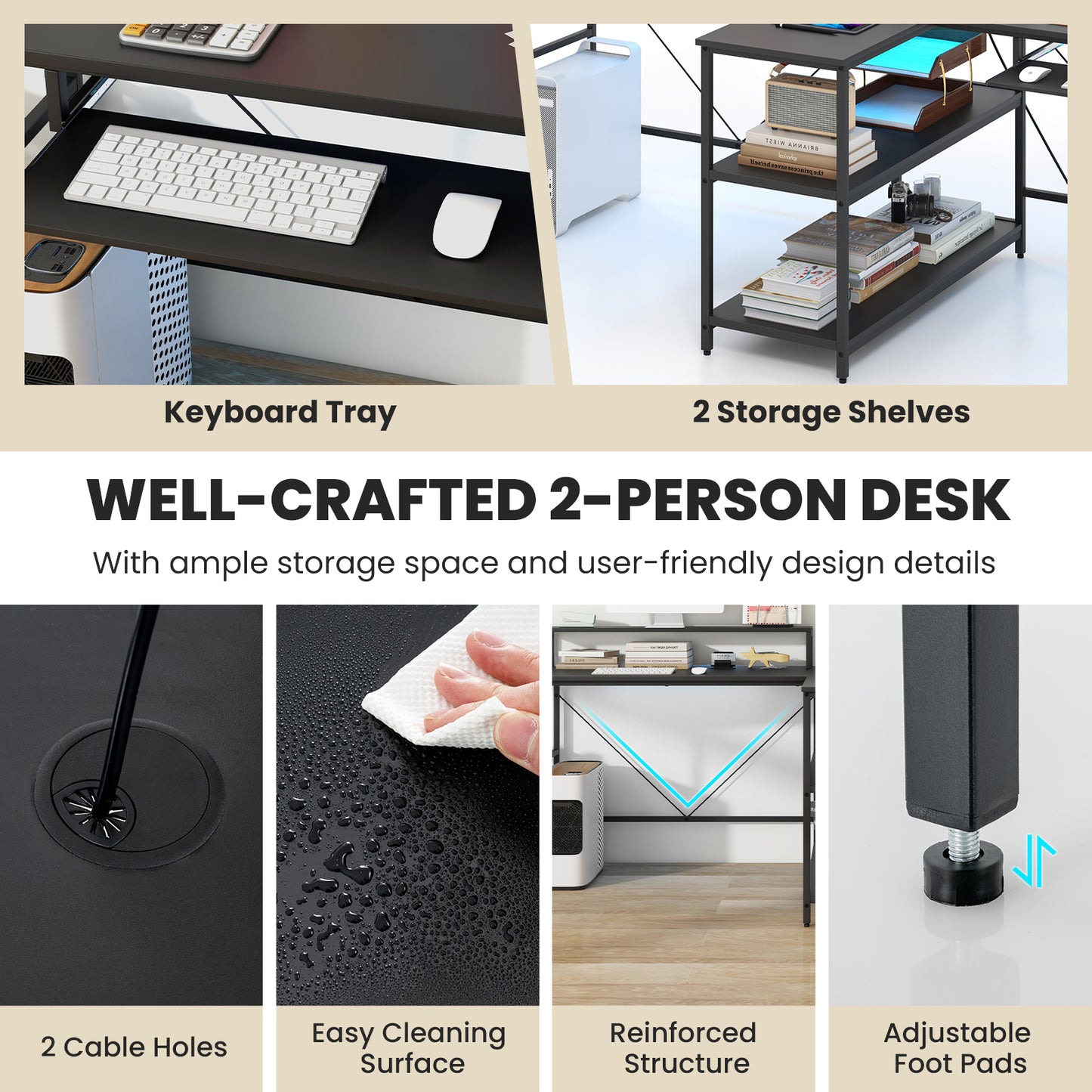 2-Person Reversible Computer Desk, Long Office Desk With LED Lights, Black Computer Desks at Gallery Canada