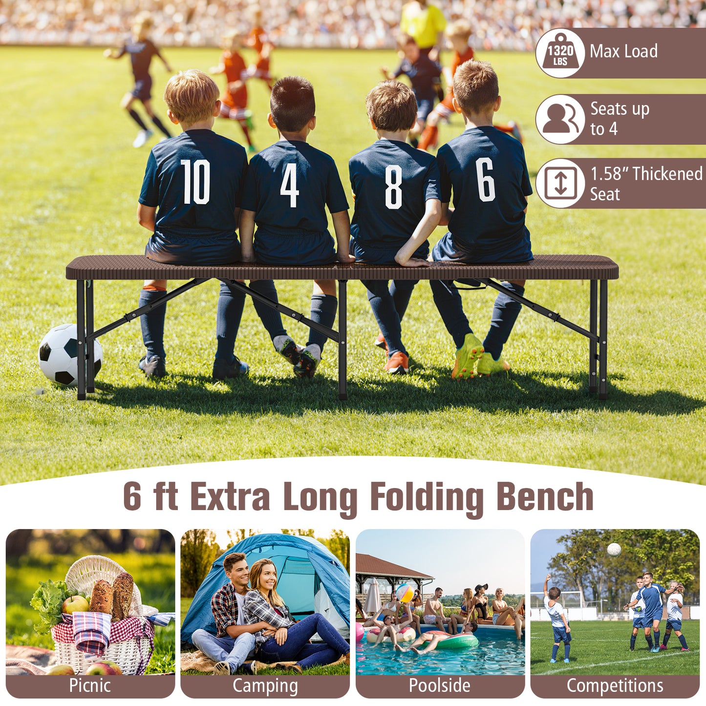 6 ft Plastic Folding Bench, 1320 LBS Capacity, Brown Outdoor Benches at Gallery Canada