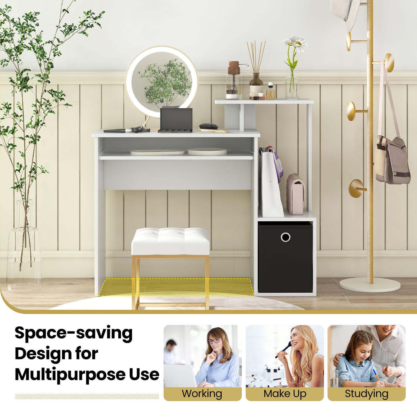 Bureau d'ordinateur avec plateau de clavier coulissant, blanc