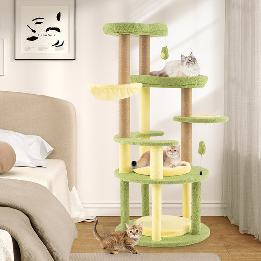 Multi-Level Cat Tree, Avocado Theme, Wide Perch Rotatable Basket, Green