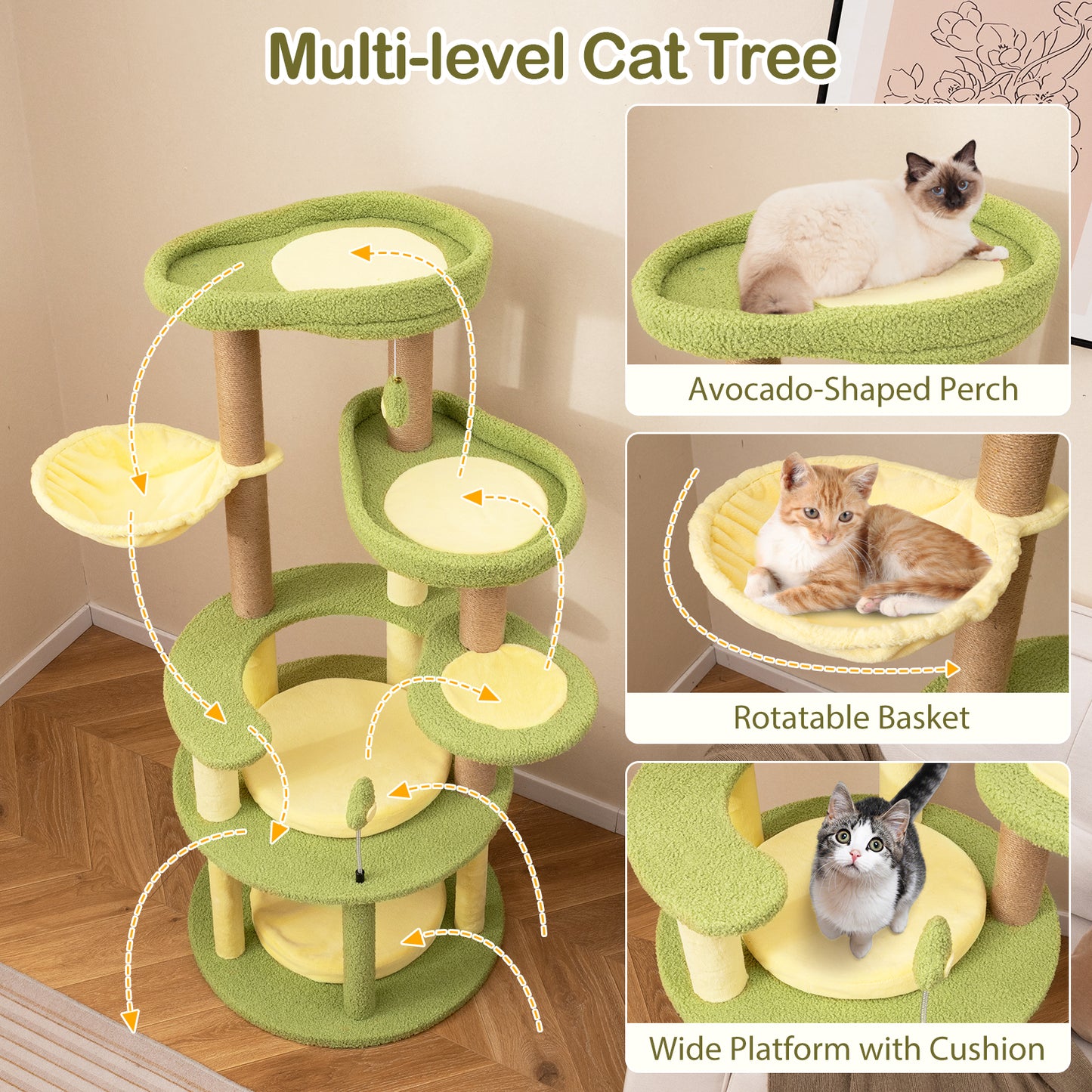 Multi-level Cat Tree Avocado Theme Cat Tower with Wide Perch Rotatable Basket, Green Cat Trees Condos & Scratchers at Gallery Canada