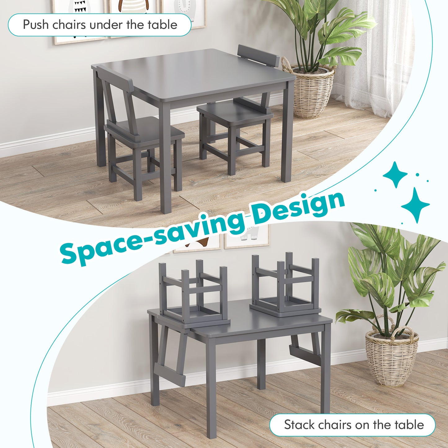 Kids Table And 2 Chairs Set, Wooden, Anti-Slip Foot Pads, Gray