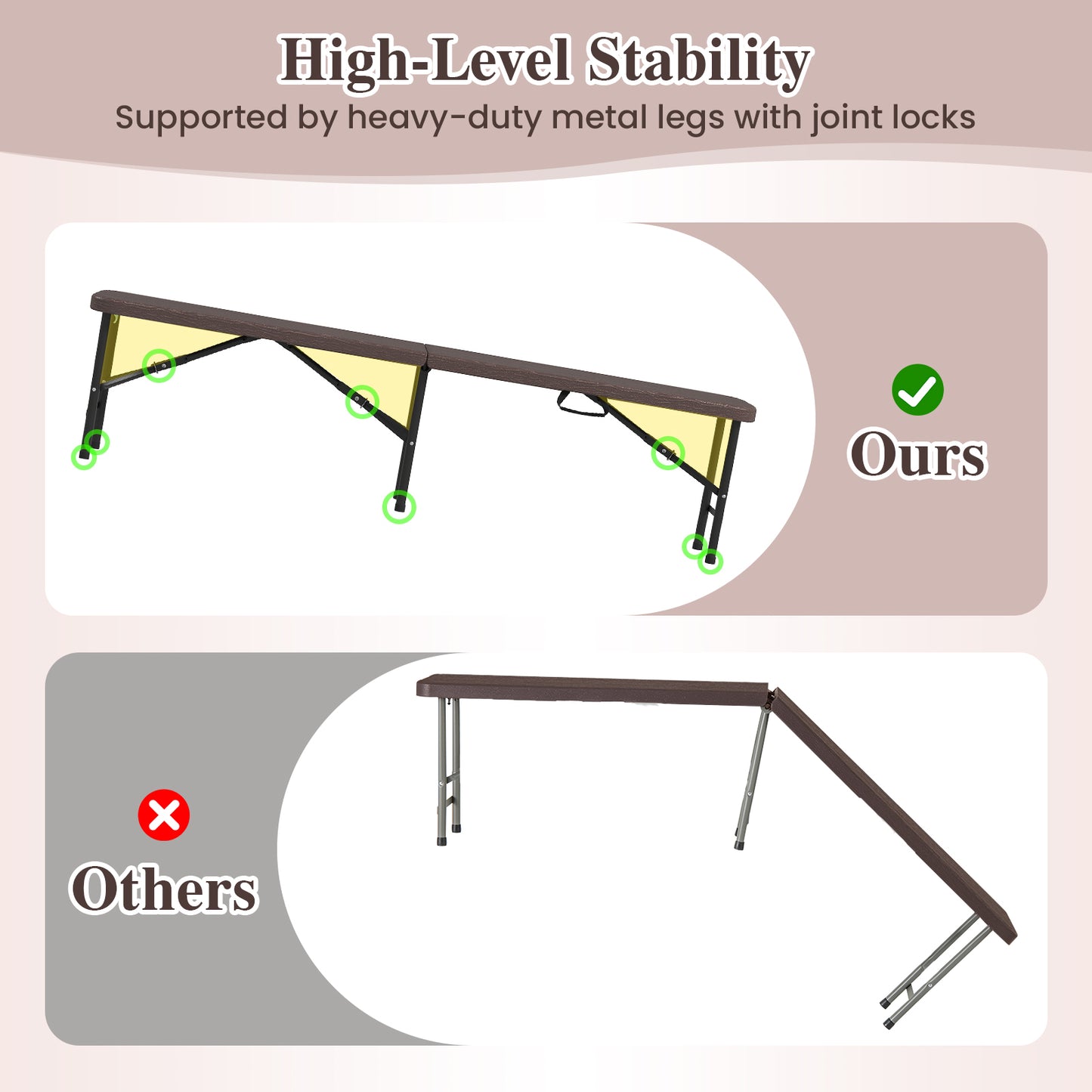 6 Feet Folding Bench, 1320 LBS Capacity, Handle Lock, Brown Outdoor Benches at Gallery Canada