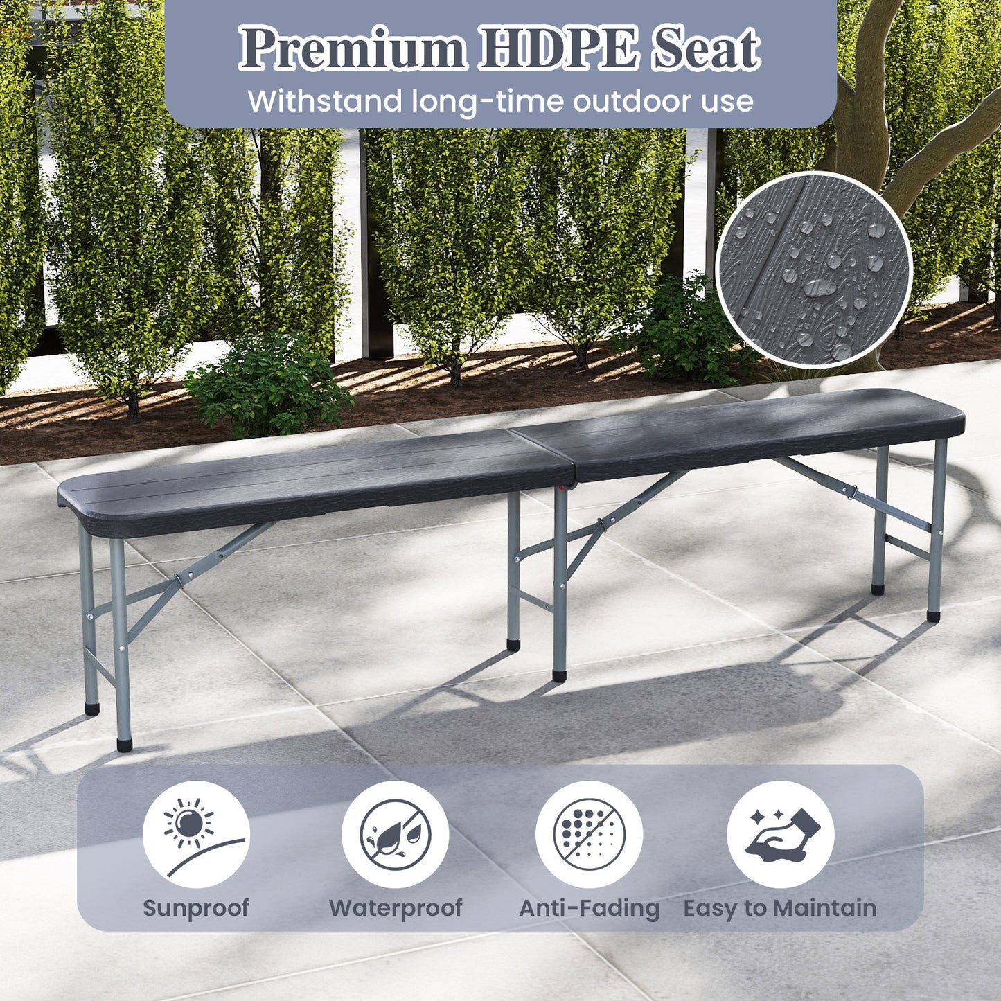 6 Feet Folding Bench, 1320 LBS Capacity, Handle Lock, Gray Outdoor Benches at Gallery Canada