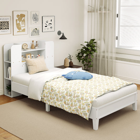 Twin Size Wooden Platform Bed Frame, Bookcase Headboard, White