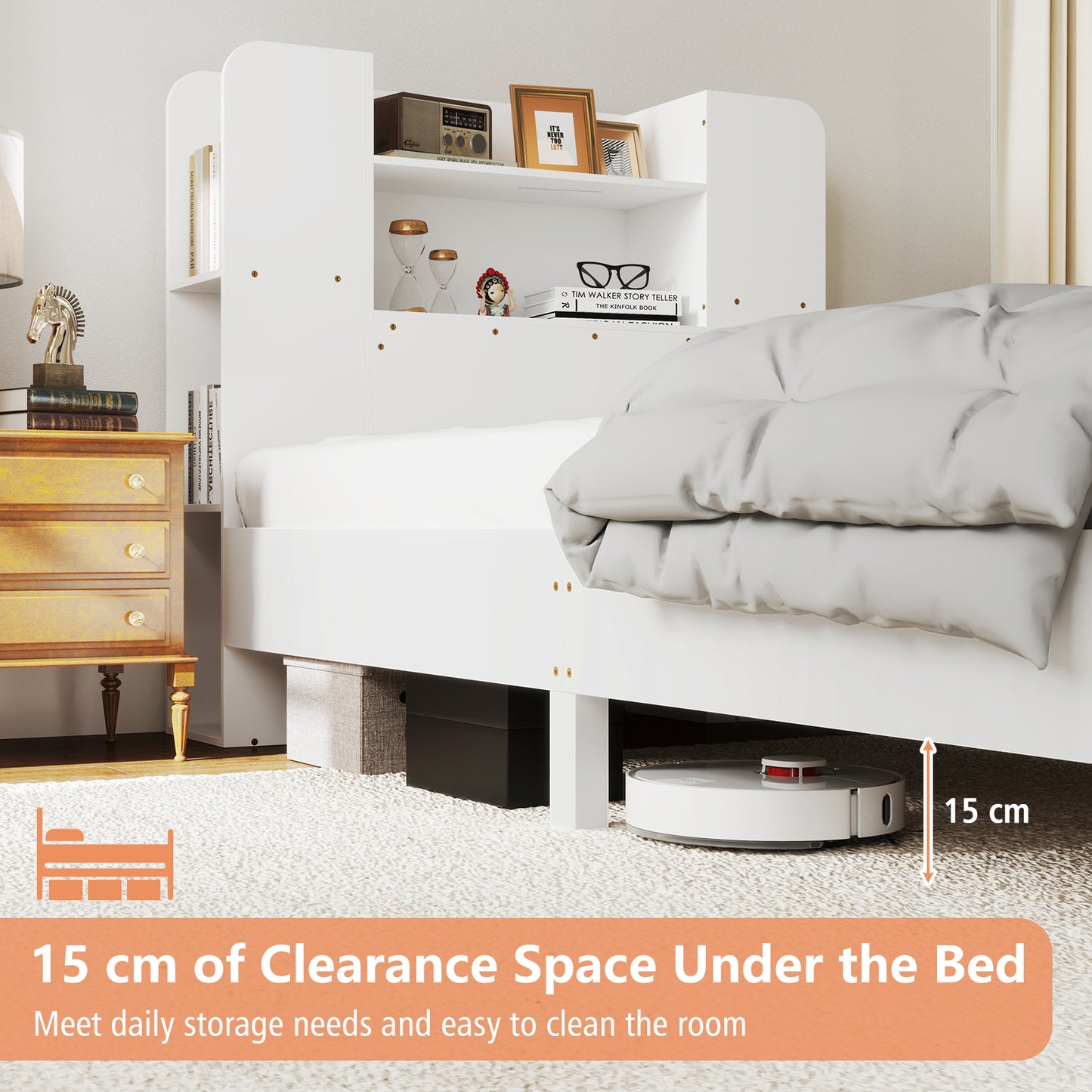 Twin Size Wooden Platform Bed Frame with Bookcase Headboard, White Toddler Beds at Gallery Canada