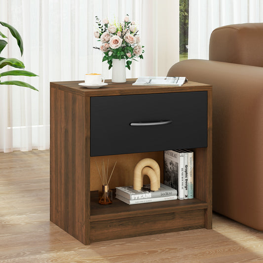 Bedside Table Nightstand with Drawer and Open Storage Shelf, Brown Nightstands Brown at Gallery Canada