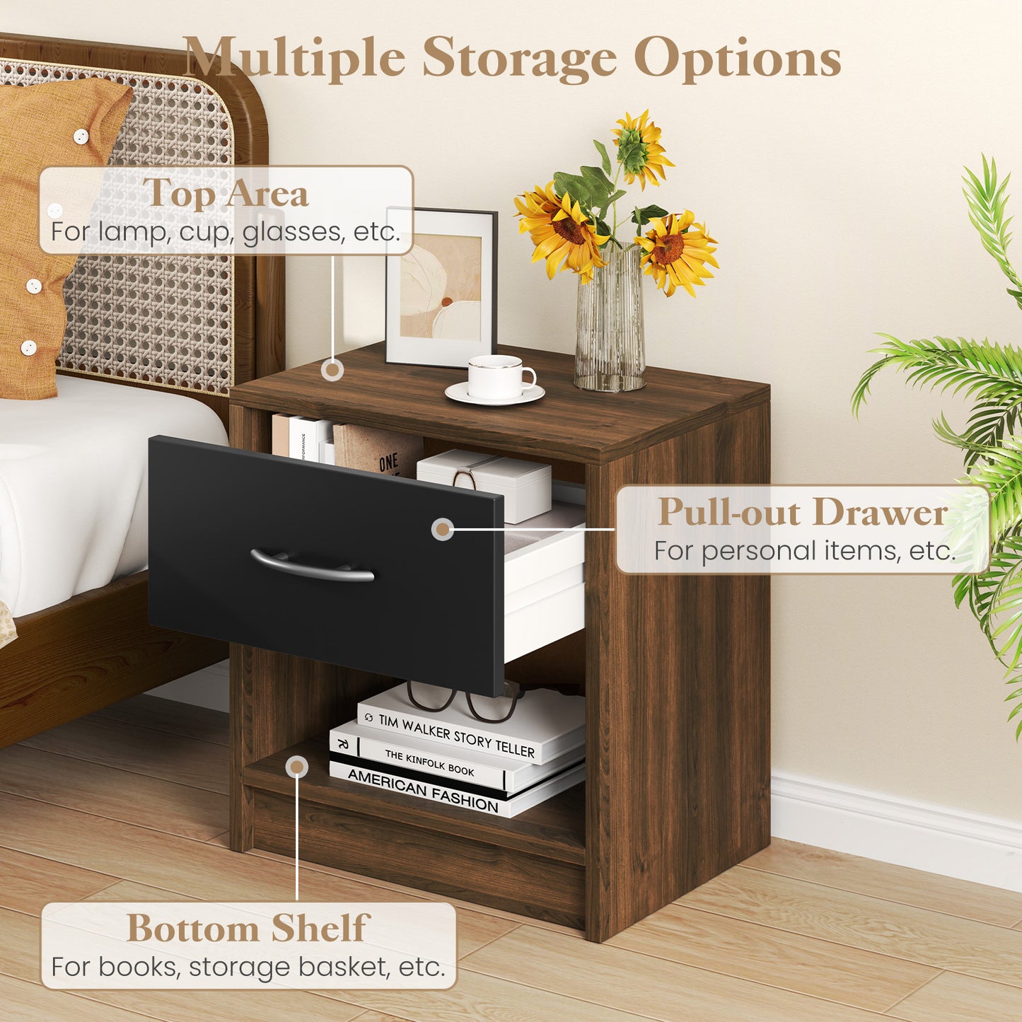 Bedside Table Nightstand with Drawer and Open Storage Shelf, Brown Nightstands at Gallery Canada