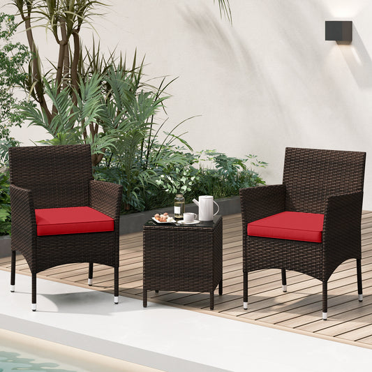 3 Pieces Outdoor Conversation Set with Cushioned Seat and Glass Tabletop, Red Patio Conversation Sets Red at Gallery Canada