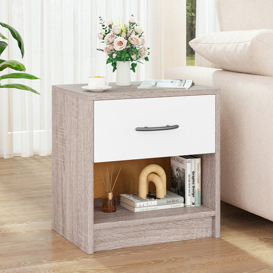 Bedside Table Nightstand with Drawer and Open Storage Shelf, Light Gray Nightstands Light Gray at Gallery Canada