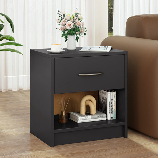 Bedside Table Nightstand with Drawer and Open Storage Shelf, Gray Nightstands Gray at Gallery Canada