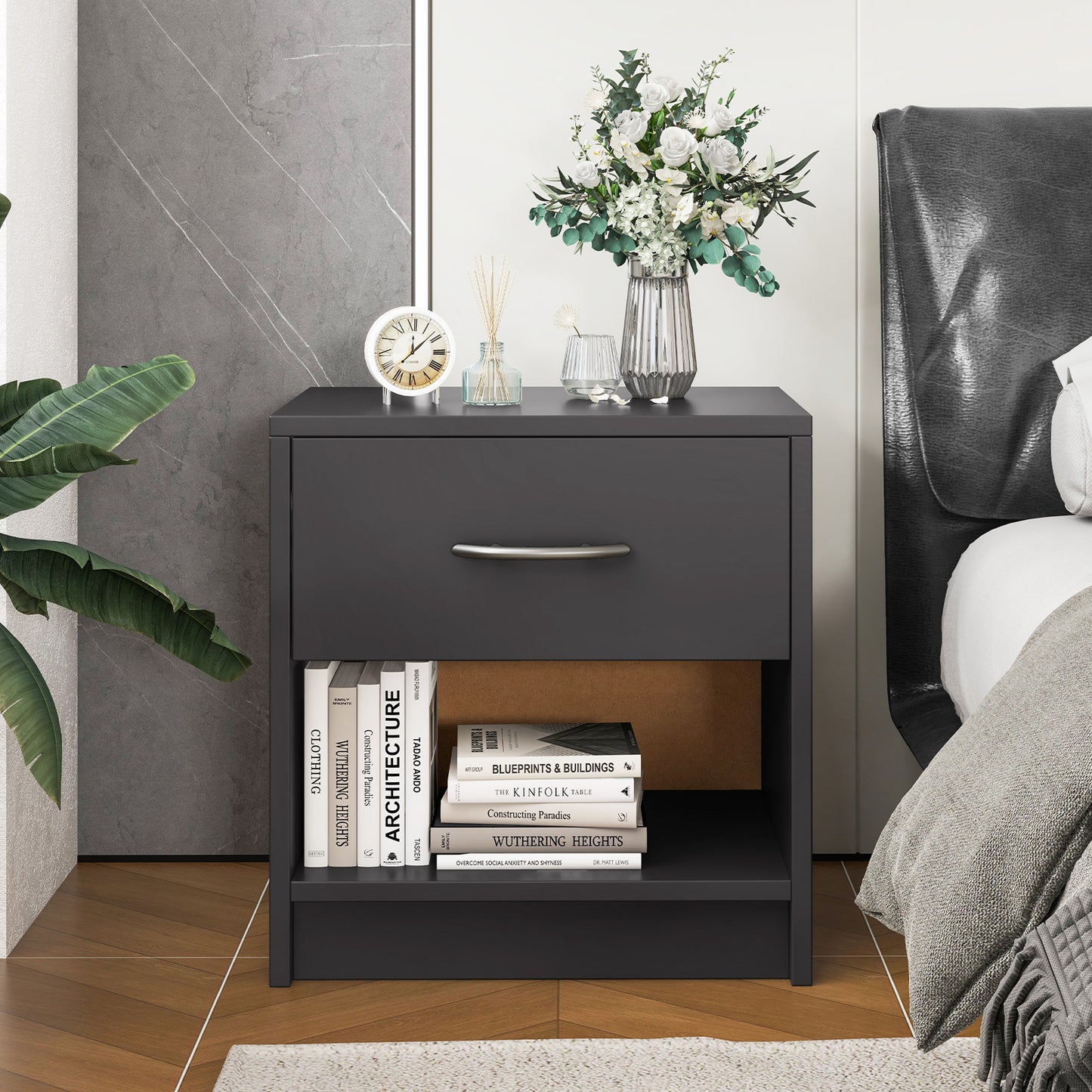 Bedside Table Nightstand with Drawer and Open Storage Shelf, Gray Nightstands at Gallery Canada