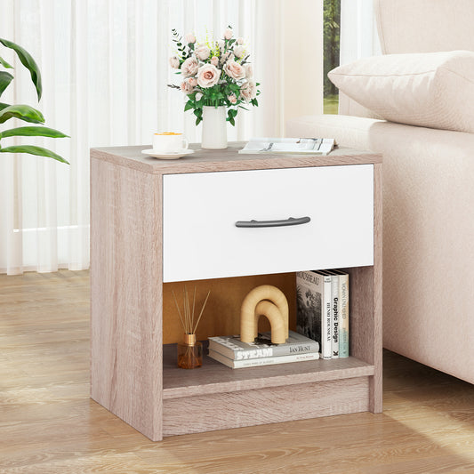 Bedside Table Nightstand with Drawer and Open Storage Shelf Nightstands Brown, Natural, White, Gray, Oak, Light Gray at Gallery Canada