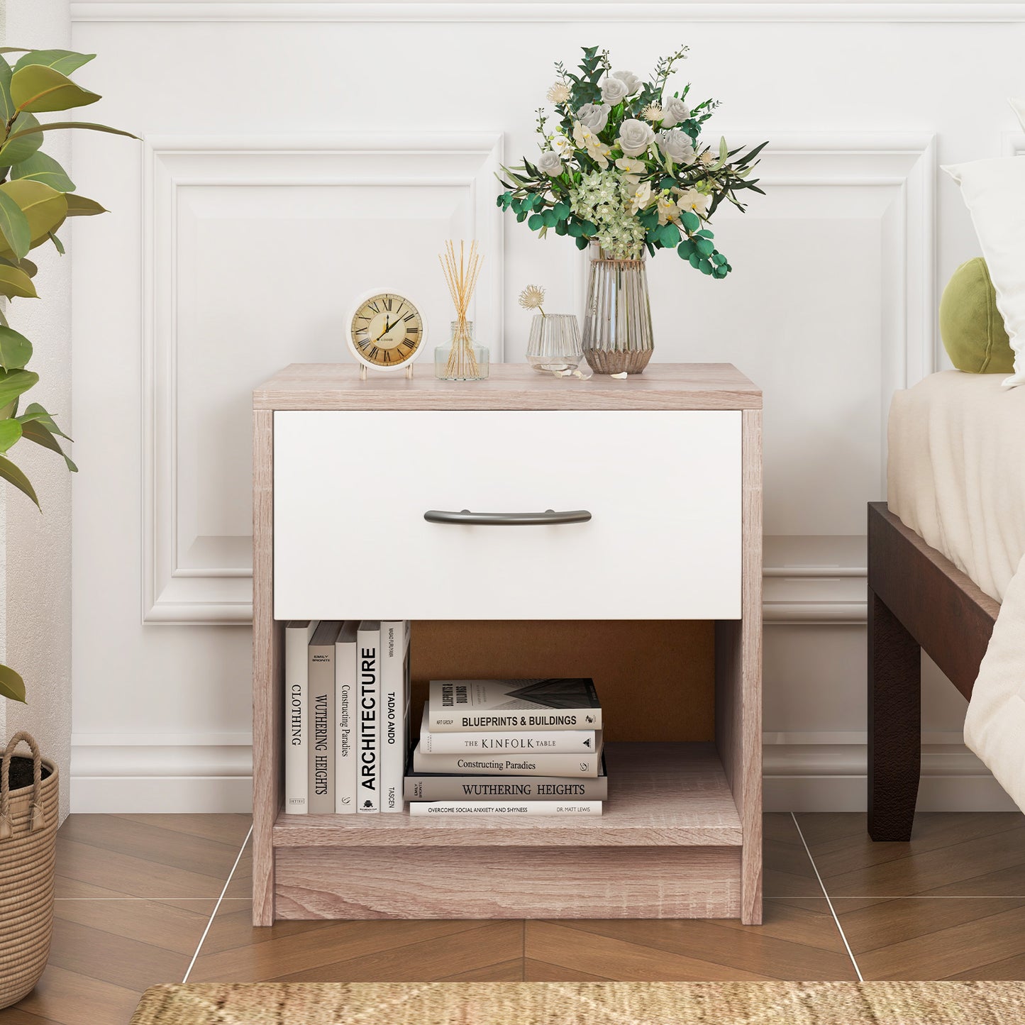 Bedside Table Nightstand with Drawer and Open Storage Shelf Nightstands at Gallery Canada