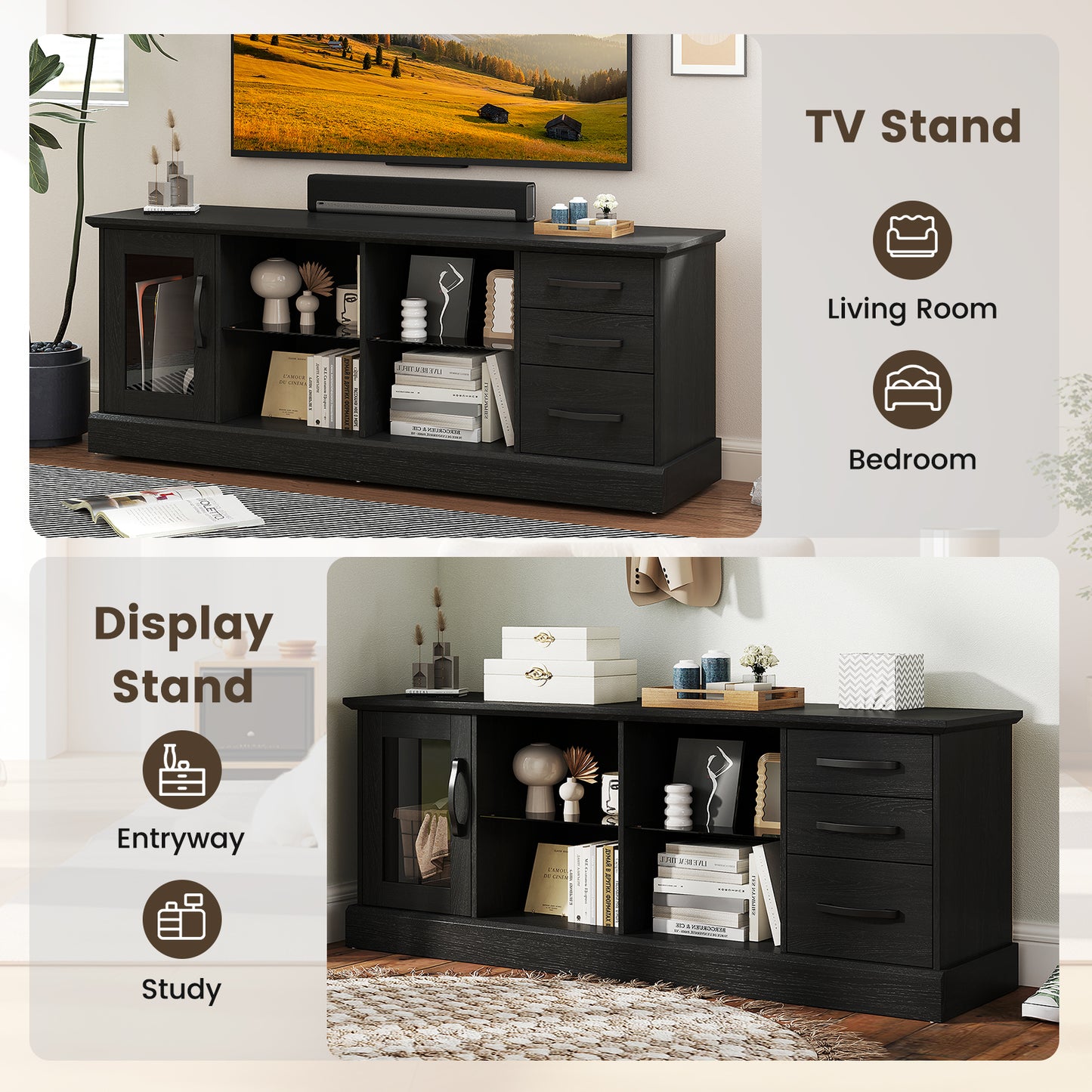 63 Inches Media Console Table with 3 Drawers and 2 Glass Shelves, Black Entertainment Centers & TV Stands at Gallery Canada