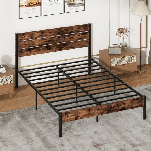 Queen Size Bed Frame, High Headboard, Mute Bar, Rustic Brown