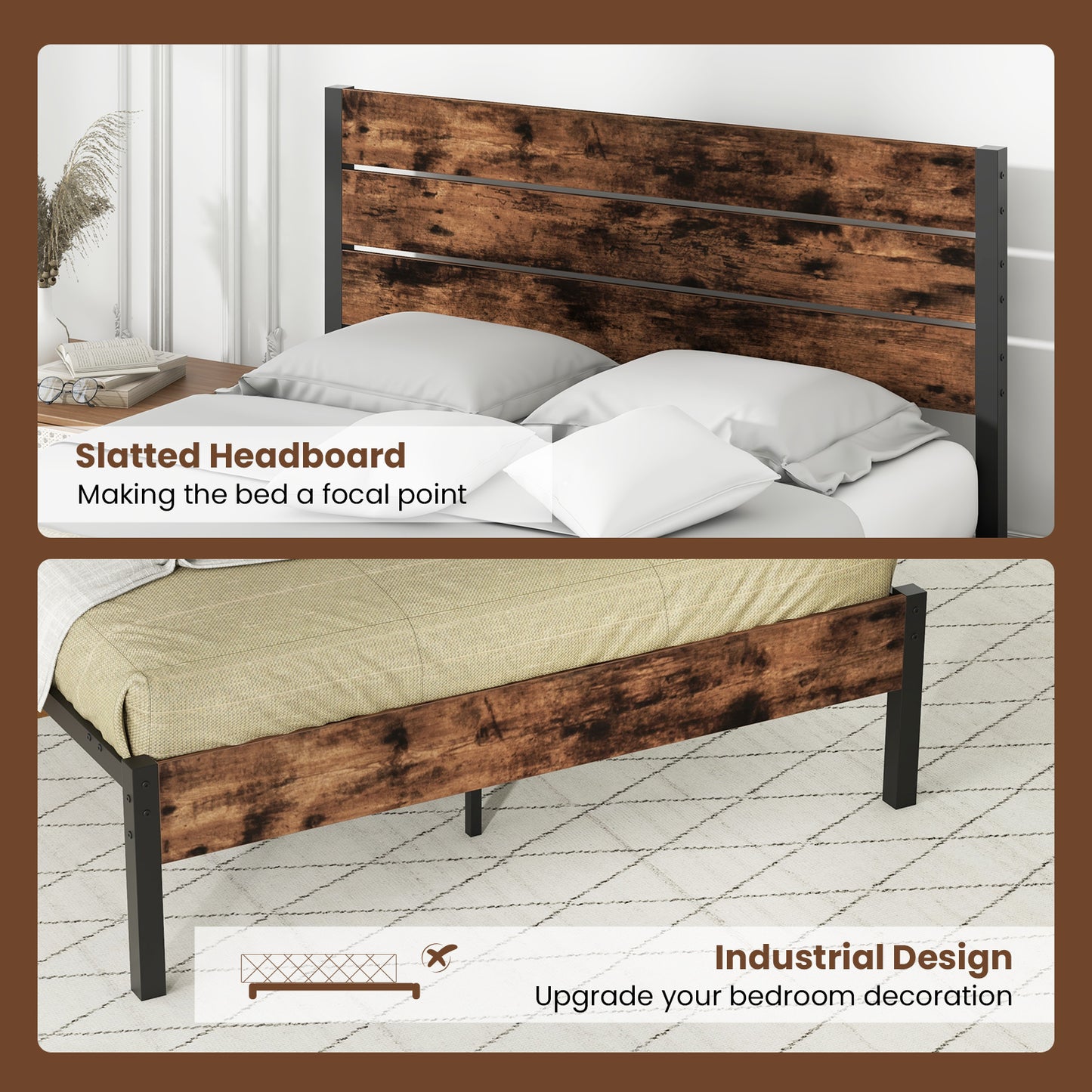 Full/King/Queen/Twin Size Bed Frame with High Headboard and Mute Bar-Queen Size, Rustic Brown Simple Bed Frame at Gallery Canada