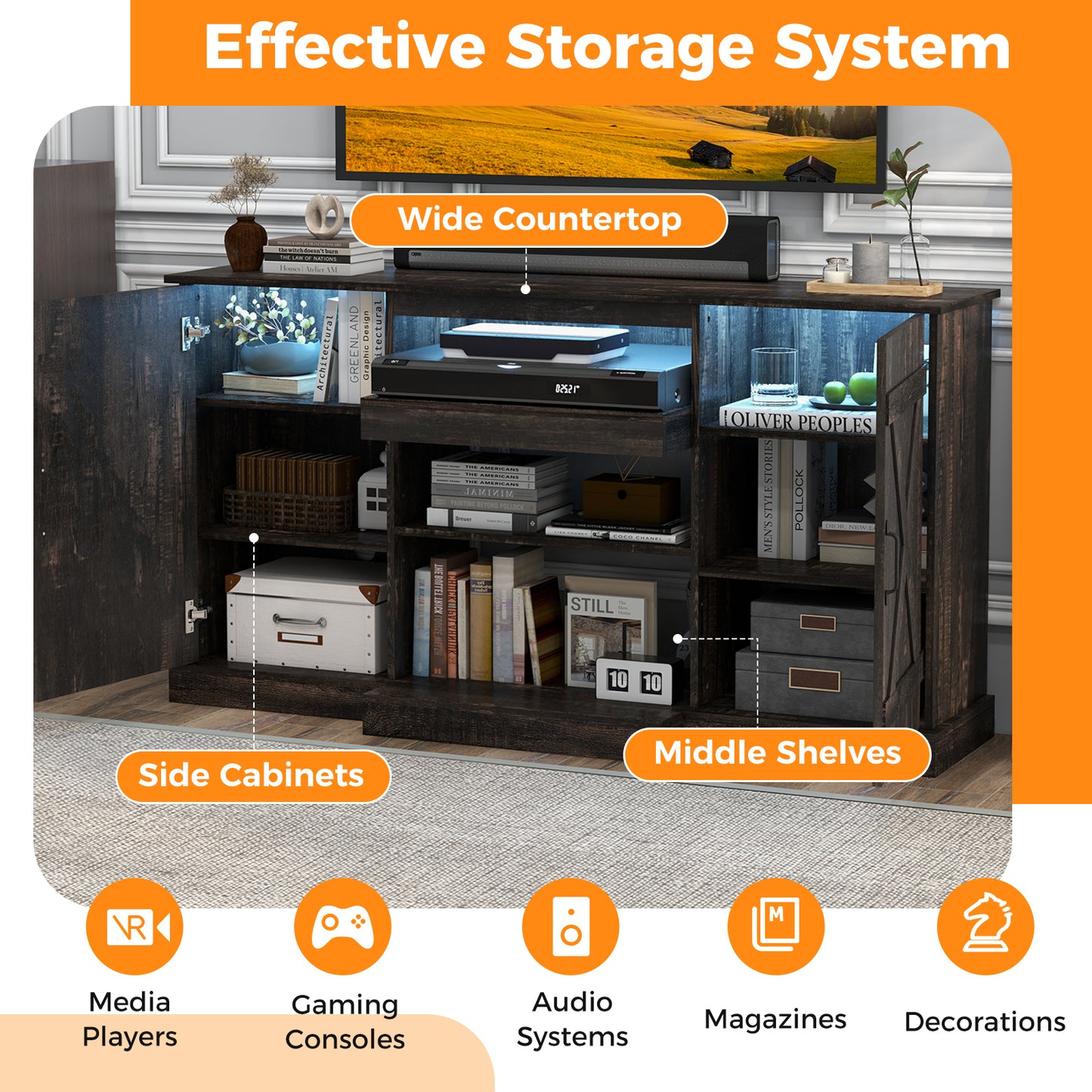 58 Inches TV stand for TVs up to 65 Inches with 20 Color Led Lights, Coffee Entertainment Centers & TV Stands at Gallery Canada