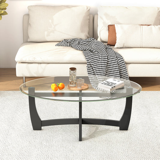 Oval Coffee Table, Tempered Glass Top, Rubber Wood Legs, Black
