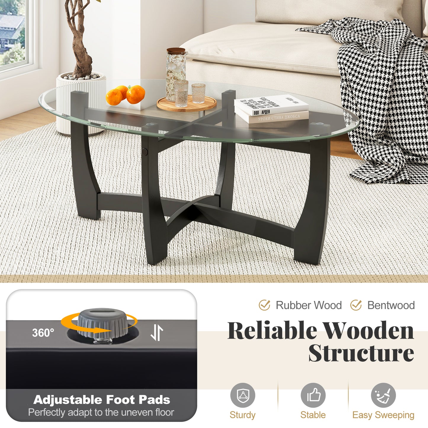 Oval Coffee Table, Tempered Glass Top, Rubber Wood Legs, Black