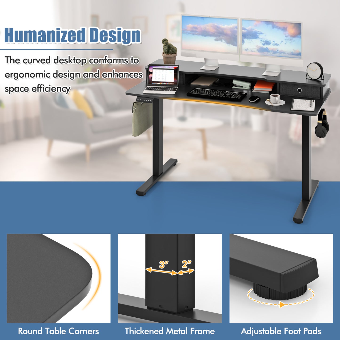 55 Inch x 24 Inch Height Adjustable Electric Standing Desk with 2 Drawers, Black Standing Desks at Gallery Canada