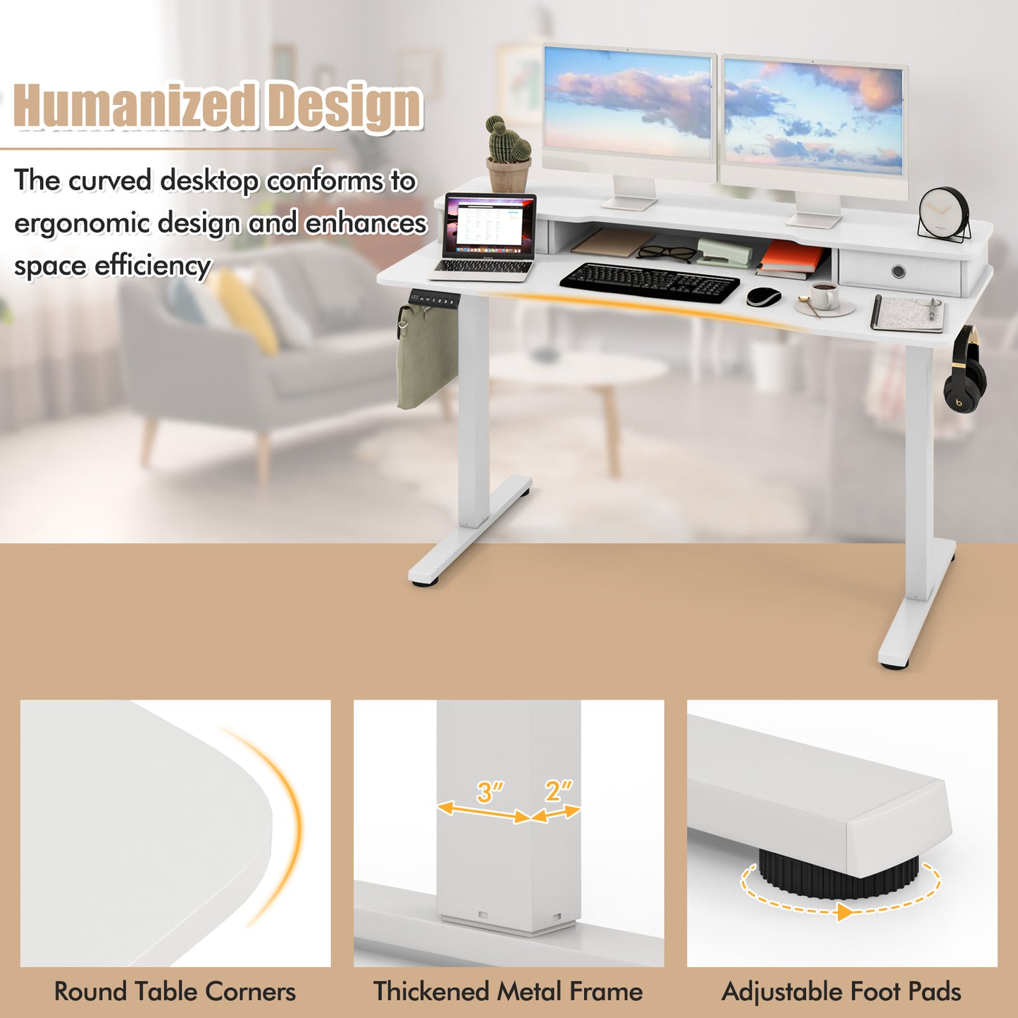 55 Inch x 24 Inch Height Adjustable Electric Standing Desk, 2 Drawers, White Standing Desks at Gallery Canada