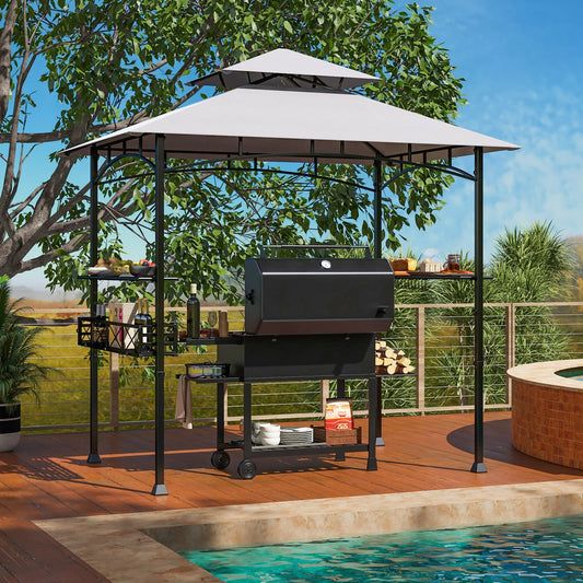 8 x 5 Feet Outdoor Grill Gazebo, 2 Side Shelves, 10 Hooks, Gray Gazebos Gray at Gallery Canada