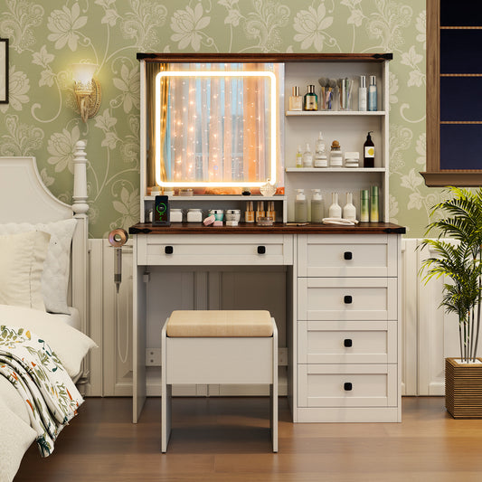 Farmhouse Vanity Set with Mirror and 3-Color Lighting, White Makeup Vanities White at Gallery Canada