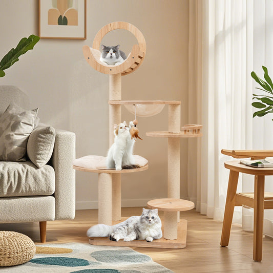 4-In-1 Large Wooden Cat Tower, Space Capsule Nest, Beige