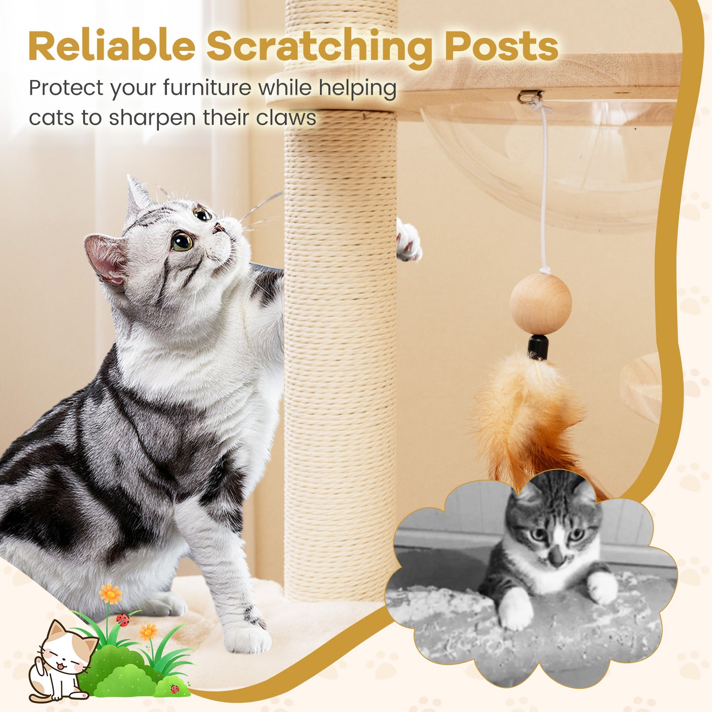 Tour à chat en bois 4-en-1 grande, Nid capsule spatiale, Beige