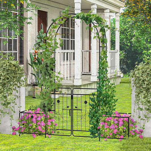 87 Inches Garden Arbor, Lockable Gate, Side Planters, Black Outdoor Decor Black at Gallery Canada