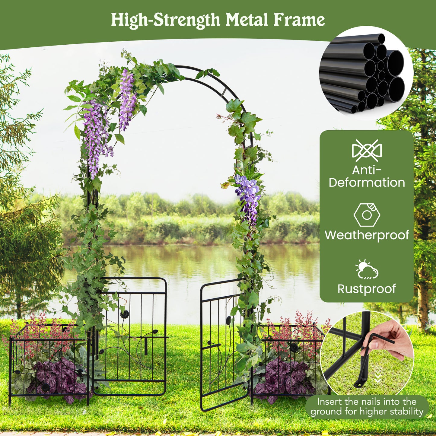 87 Inches Garden Arbor, Lockable Gate, Side Planters, Black Outdoor Decor at Gallery Canada