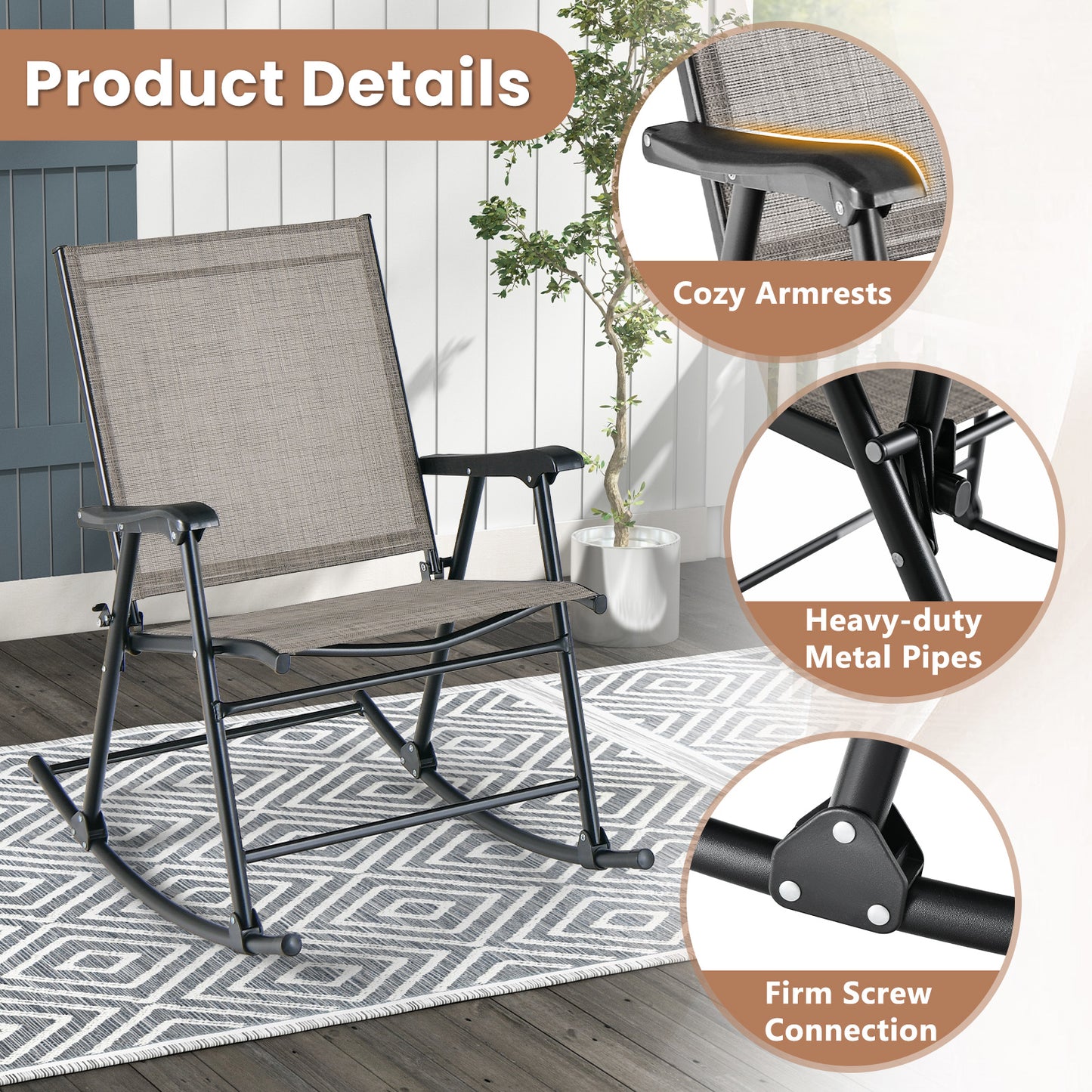 Set of 2 Folding Rocking Chair with Breathable Seat Fabric, Brown Patio Rocking Chairs & Gliders at Gallery Canada