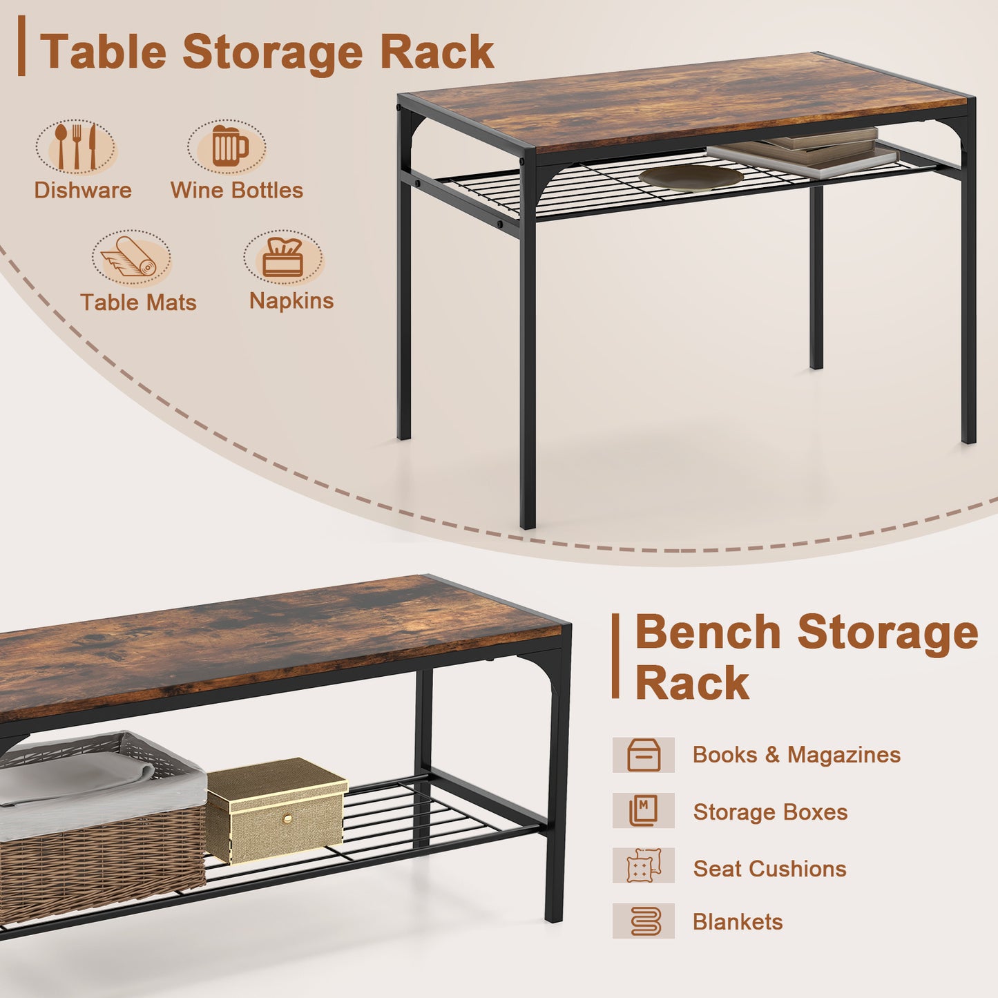 Industrial Rectangular Kitchen Table With Bench And Chairs, Brown Dining Room Sets at Gallery Canada