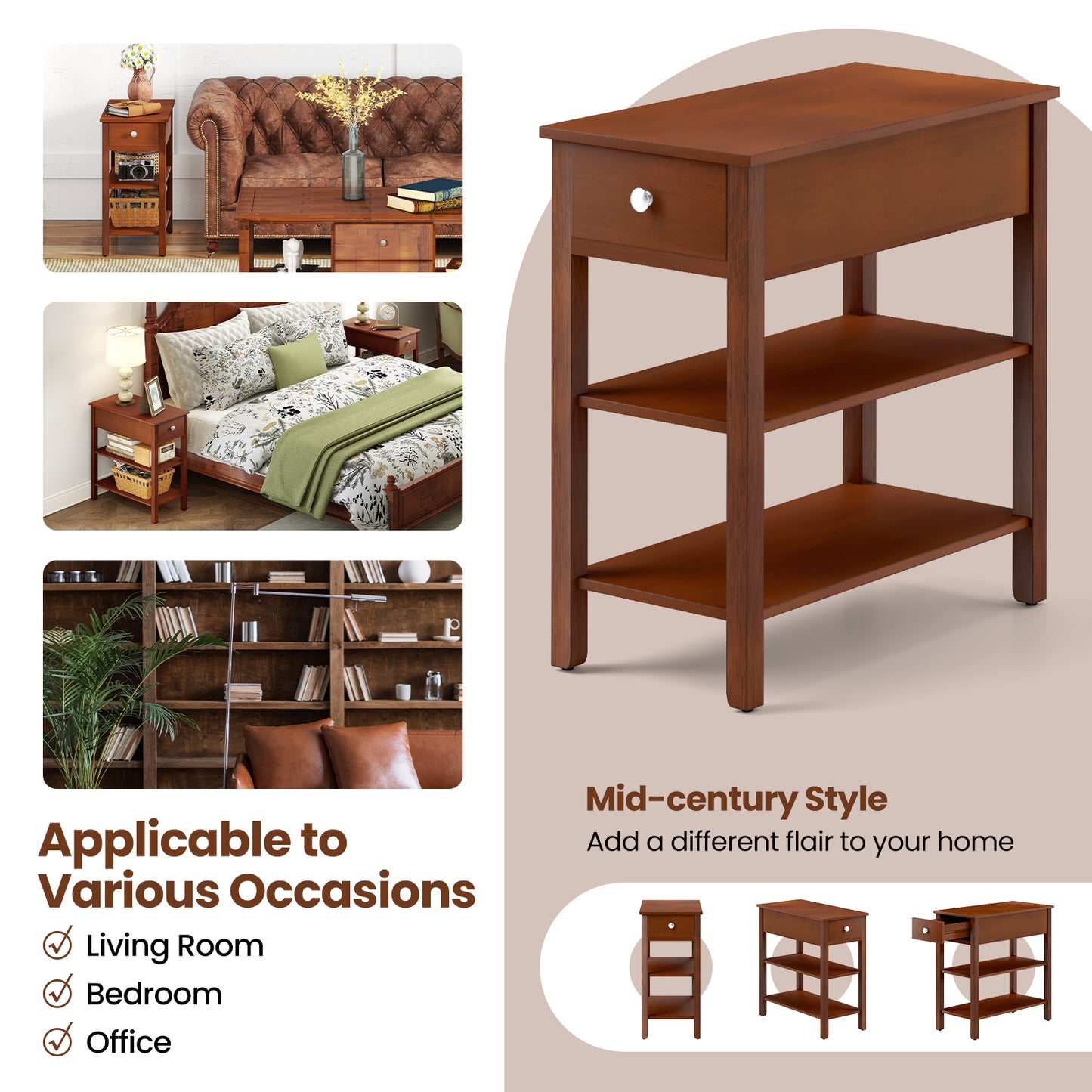 3-Tier Narrow End Table With Drawer, Storage Shelves, Set Of 2, Brown End & Side Tables at Gallery Canada
