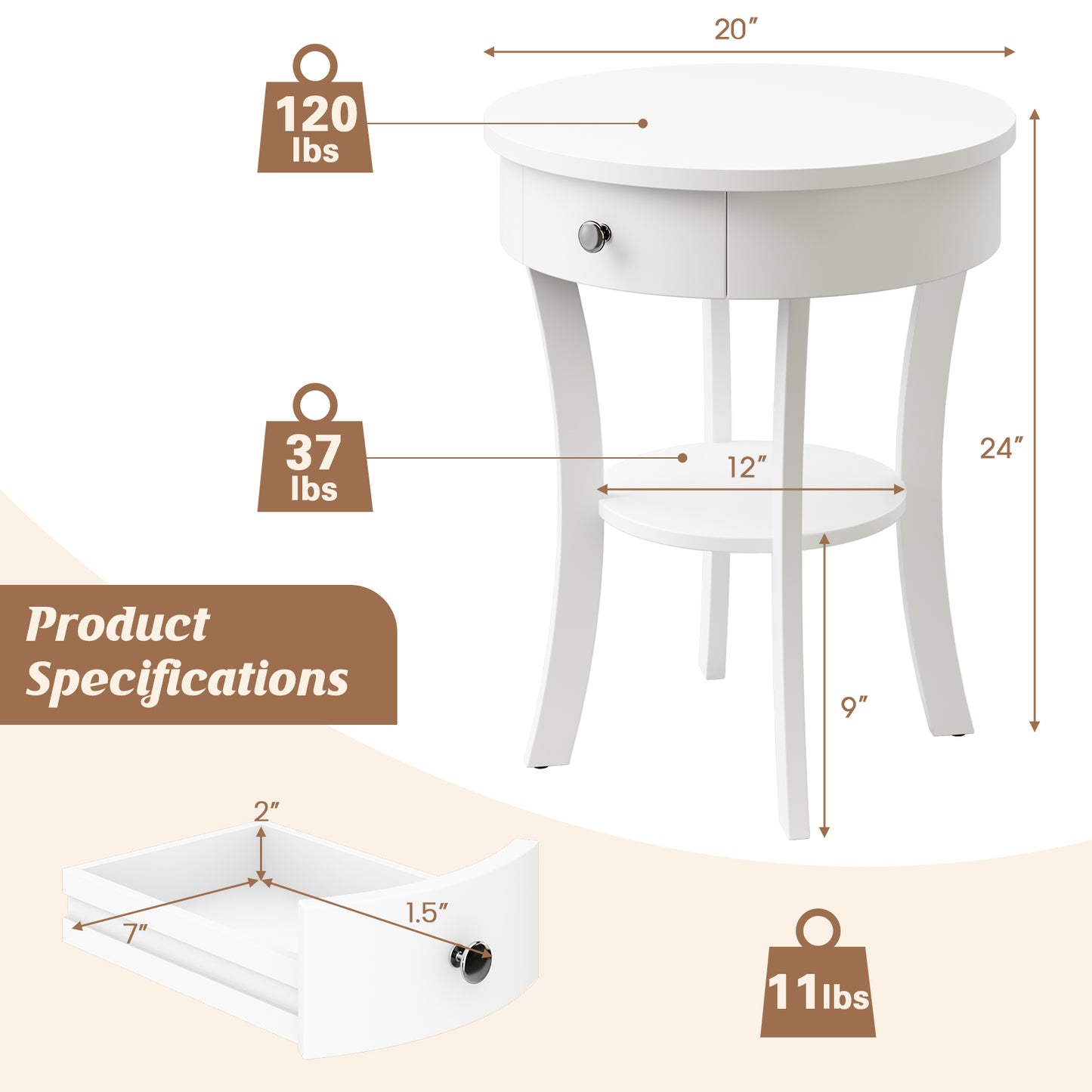 2-Tier Wood Round End Table, With Open Drawer, White End & Side Tables at Gallery Canada