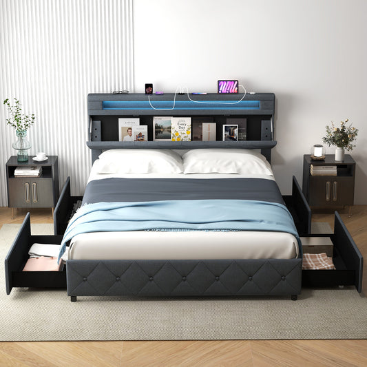 Full/Queen Size Bed Frame with Adjustable Storage Headboard and Wooden Slat Support-Queen Size Simple Bed Frame Grey at Gallery Canada