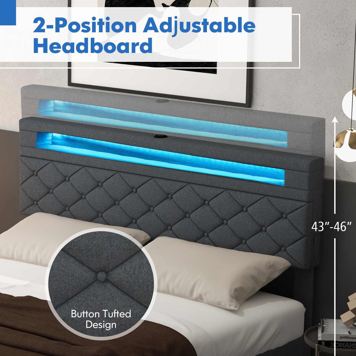 Queen Size Bed Frame, Adjustable Storage Headboard, Wooden Slat Support Simple Bed Frame at Gallery Canada