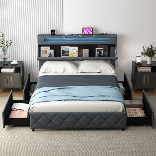 Full/Queen Bed Frame, Adjustable Storage Headboard, Wooden Slat Support, Gray Simple Bed Frame Gray at Gallery Canada
