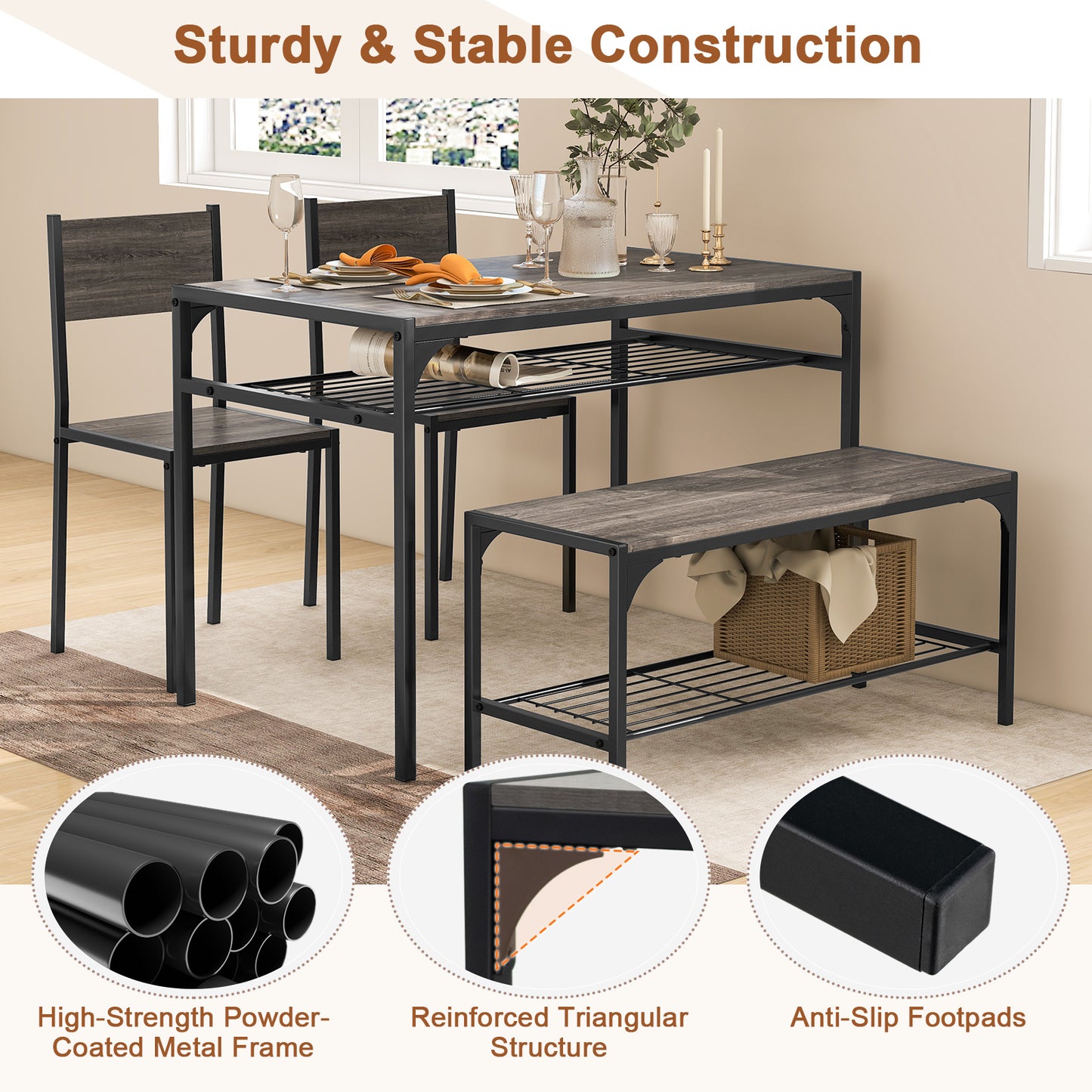 Industrial Rectangular Kitchen Table With Bench And Chairs, Gray Dining Room Sets at Gallery Canada