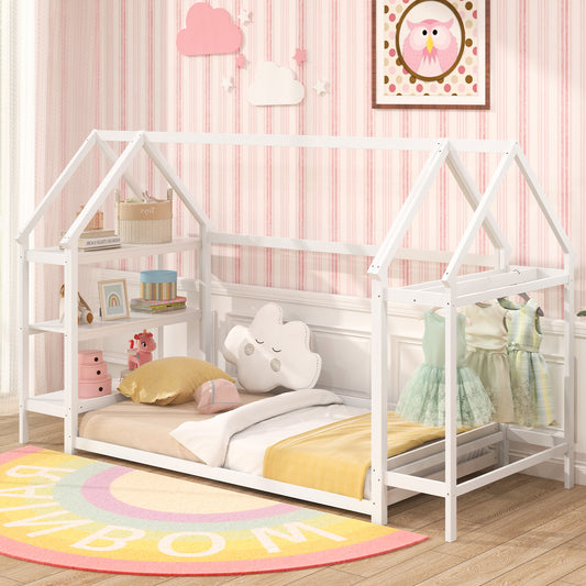 Twin Size Montessori Floor House Bed, Detachable Storage Shelves, White Toddler Beds White at Gallery Canada