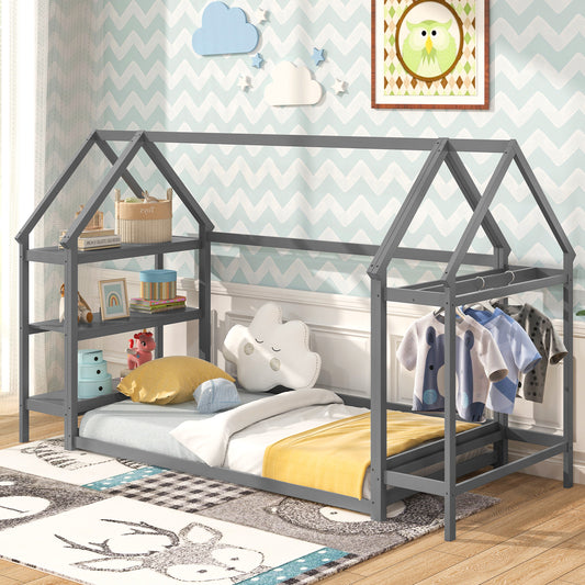 Twin Size Montessori Floor Bed With Storage Shelves, Grey