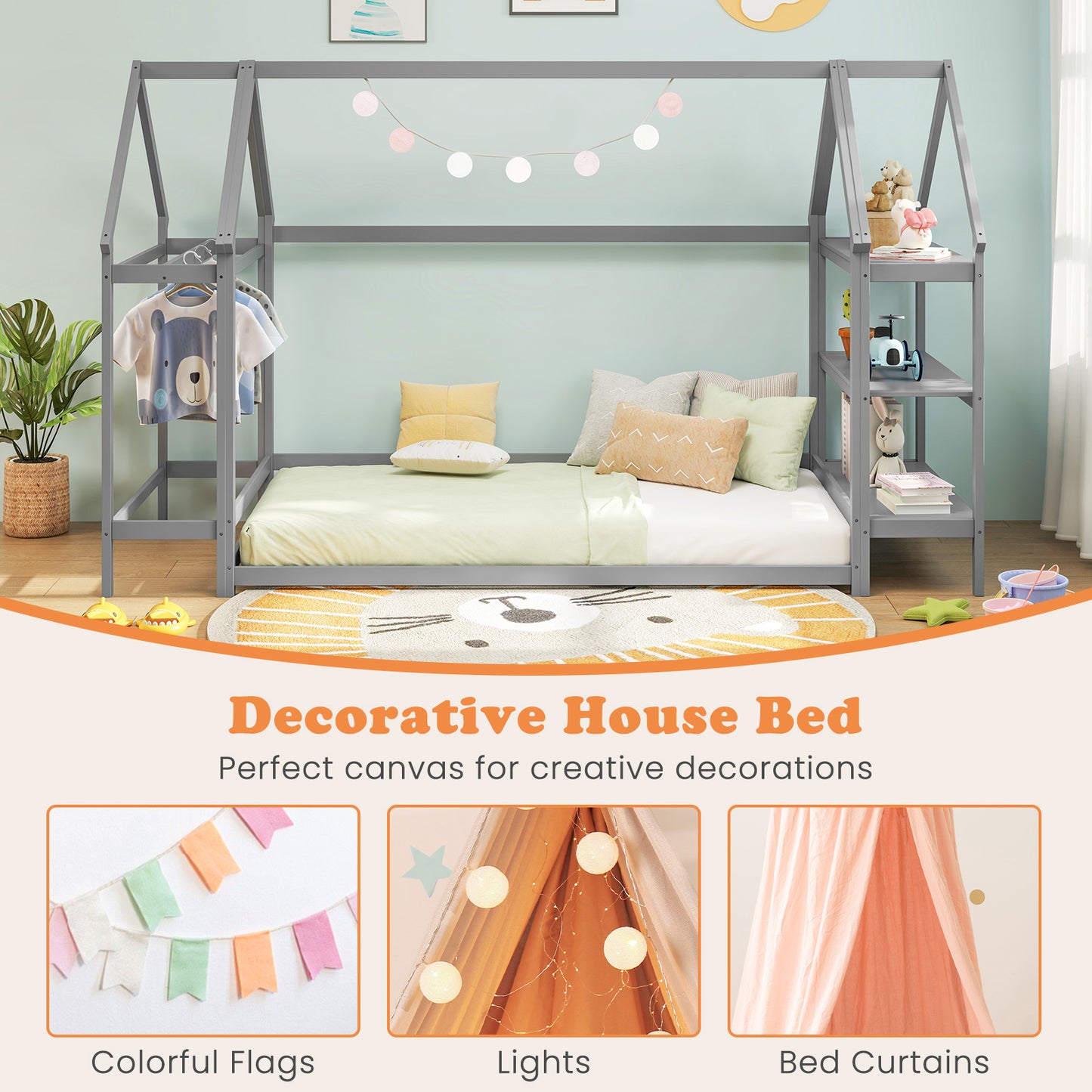 Twin Size Montessori Floor Bed With Storage Shelves, Grey Toddler Beds at Gallery Canada