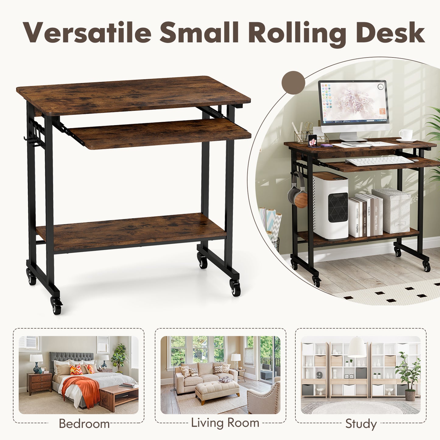 Rolling Laptop Table With Pull-Out Keyboard Tray, Rustic Brown Laptop Tables & Printer Stands at Gallery Canada