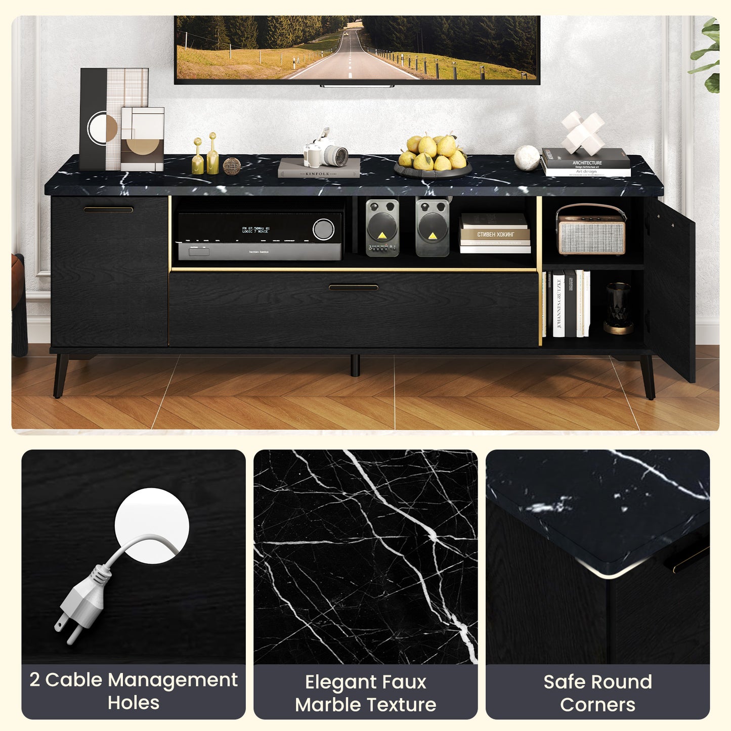 63 Inch TV Stand With Flip Door Cabinet, For TVs Up To 75 Inch, Black Entertainment Centers & TV Stands at Gallery Canada