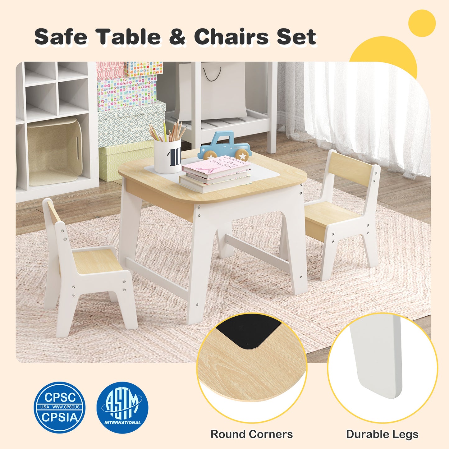 Kids Table And Chairs Set, Double-Sized Tabletop, Natural Kids Table & Chair Sets at Gallery Canada