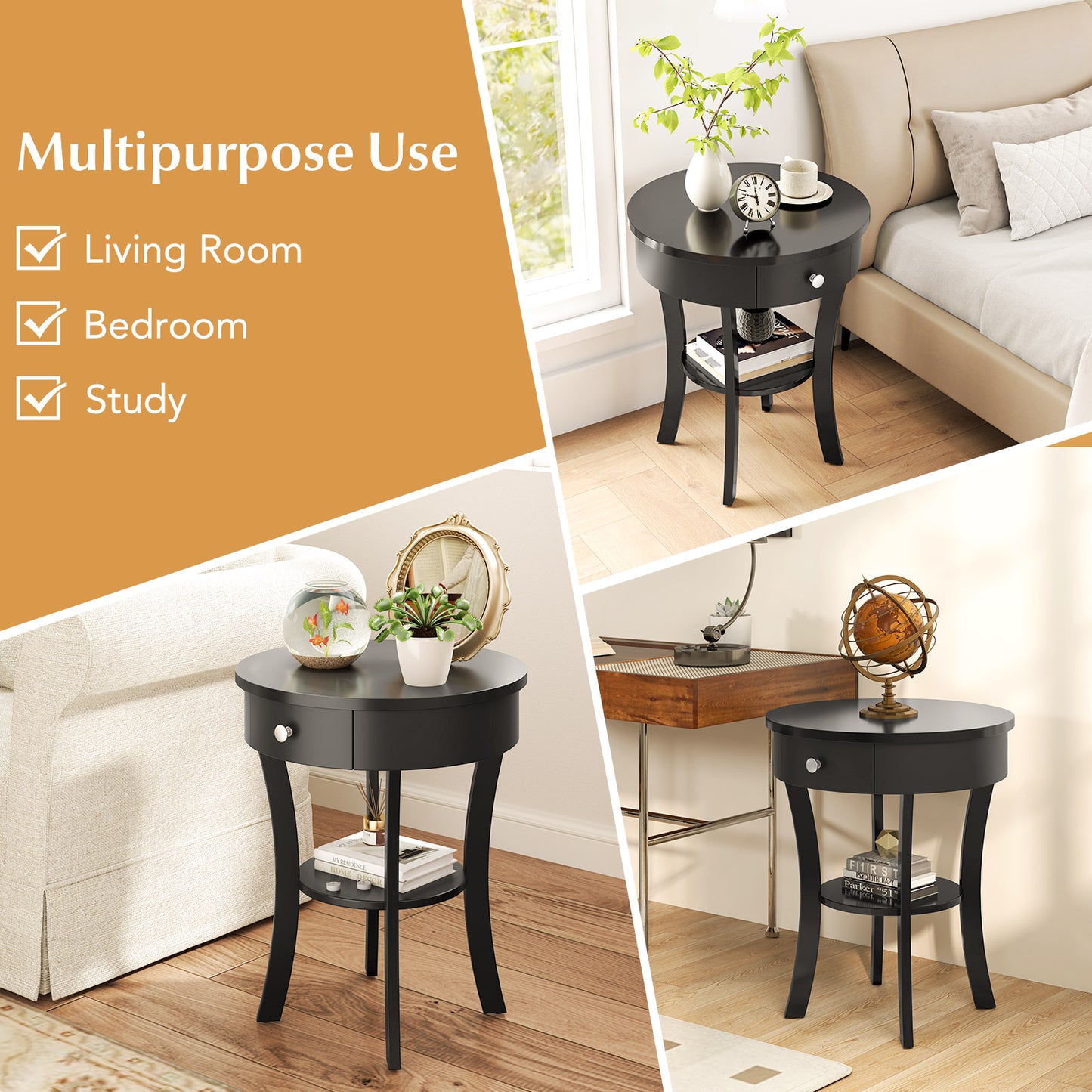 2-Tier Wood Round End Table, Open Drawer, Black End & Side Tables at Gallery Canada