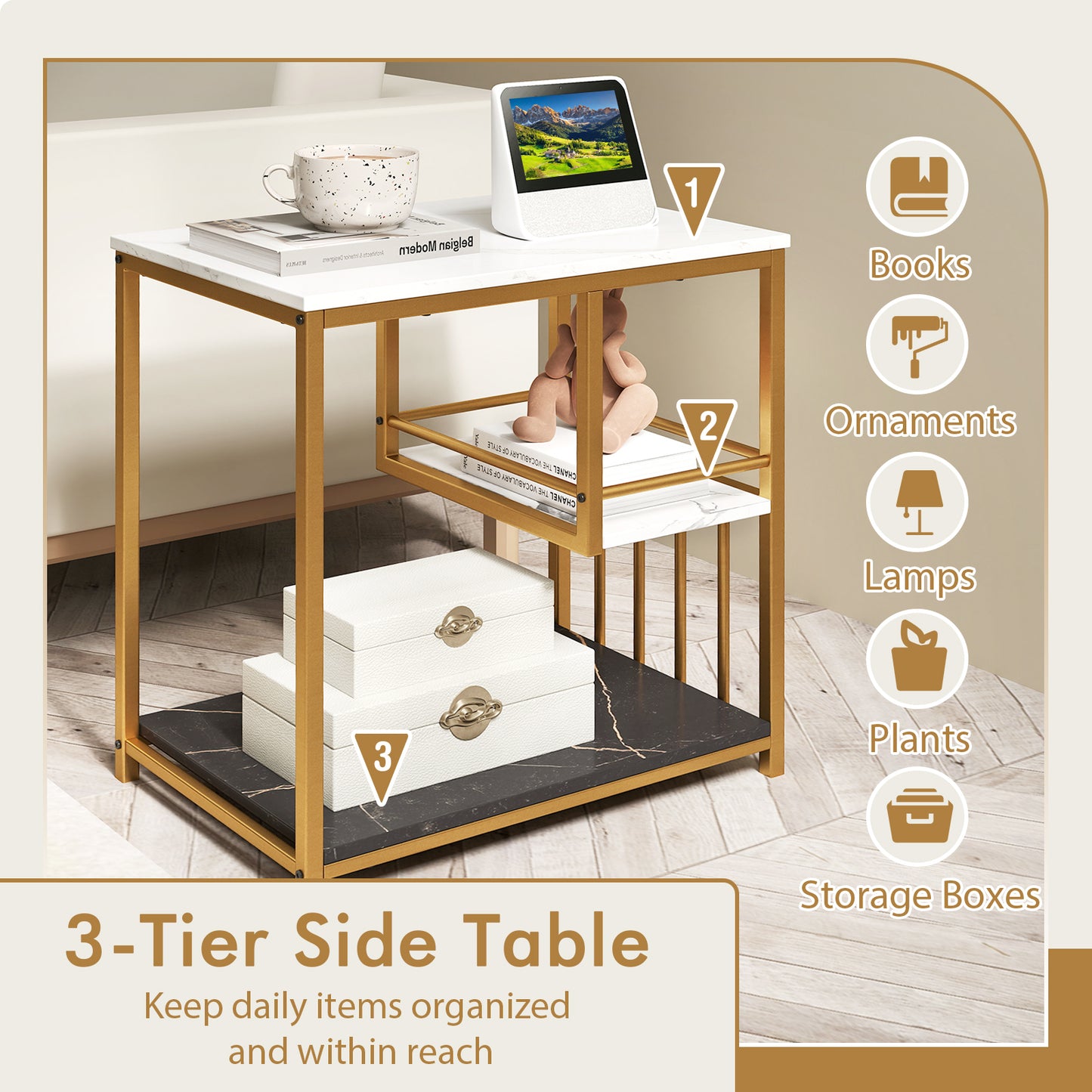 3-Tier Multi-function Marble End Table with Storage Shelf, Golden End & Side Tables at Gallery Canada