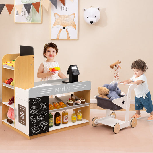 Pretend Play Grocery Store Set, Shopping Cart, 2 Chalkboards, White Play Kitchen Sets White at Gallery Canada