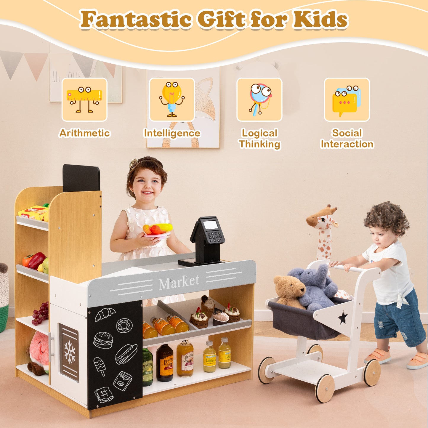 Pretend Play Grocery Store Set, Shopping Cart, 2 Chalkboards, White Play Kitchen Sets at Gallery Canada